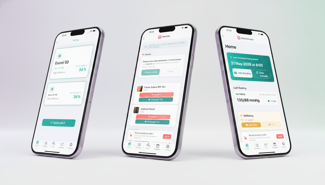 Three iPhones showing apps built by the agency — GlowAssist, HRTMe and CuffLog